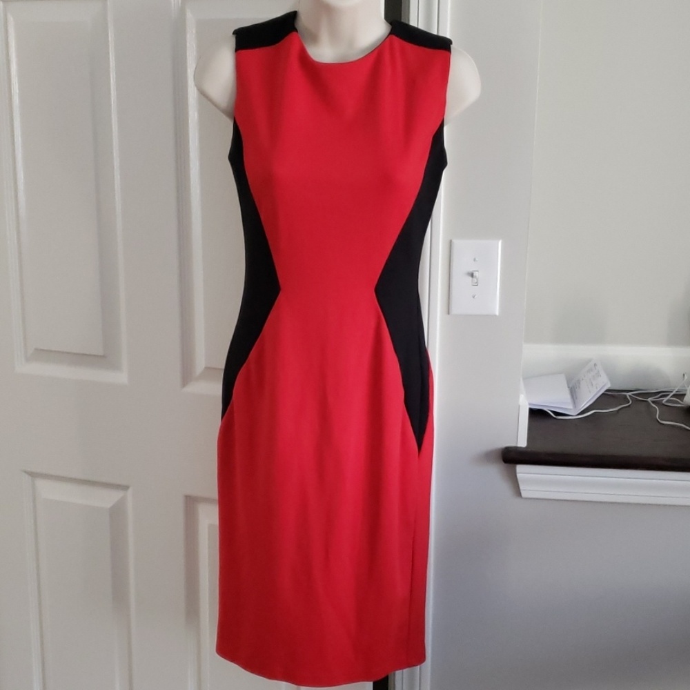 Red and black illusion midi dress